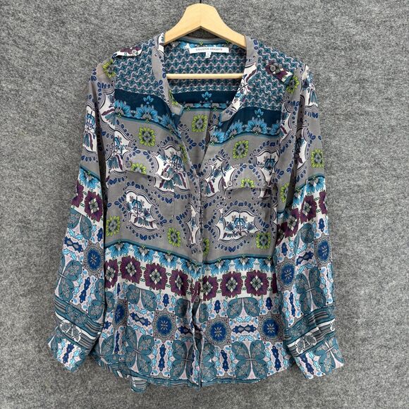 Collective Concepts Shirt Women S Small Gray Floral Button Up V-Neck Long Sleeve - Picture 1 of 7